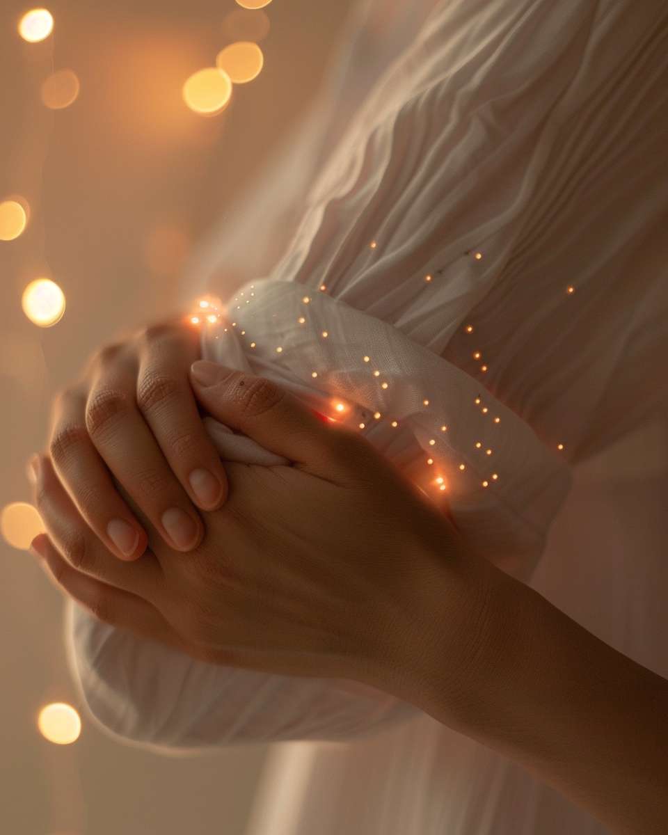A close-up of an Asian person gently tapping the folds on the inside of their elbow crease, with red acupuncture points glowing and a soft golden light, in a minimalist medical illustration style, without text --ar 4:5 --v 6 --stylize 100 --fast