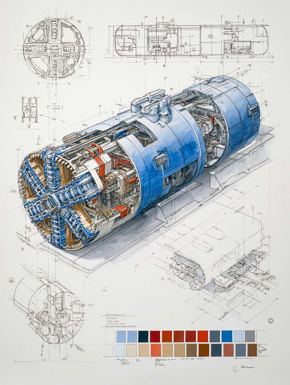 Tunnel Boring Machine (TBM) cutaway perspective blueprint illustration, dramatic wide-angle composition, three-quarter overhead view. Main subject: a highly detailed low-profile modern TBM (Earth Pressure Balance type) rendered in realistic hand-drawn watercolor sketch style, placed on clean white background. Features include: rotating cutterhead with disc cutters and scrapers, with watercolor texture and hand-drawn ink precision. Framed composition with architectural exploded-view edge sketches and directional arrows. Top-right corner includes a color palette swatch block, featuring: steel gray, industrial blue, soil brown, hydraulic red, and lining concrete white. --ar 3:4 --v 7 --stylize 100 --fast