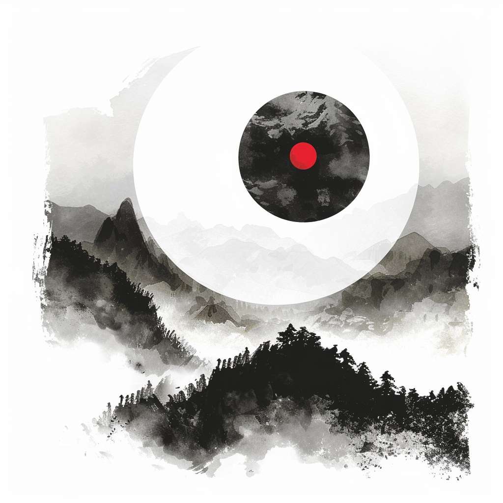 Chinese ink painting style, circular Tai Chi (Yin Yang) symbol, black and white with a single red dot in the center, surrounded by subtle misty mountain silhouettes, pure white background, Zen minimalist style, no text, no watermark, clean and serene, high detail, vector art --ar 1:1 --v 6 --style raw --quality 2 --stylize 100 --fast