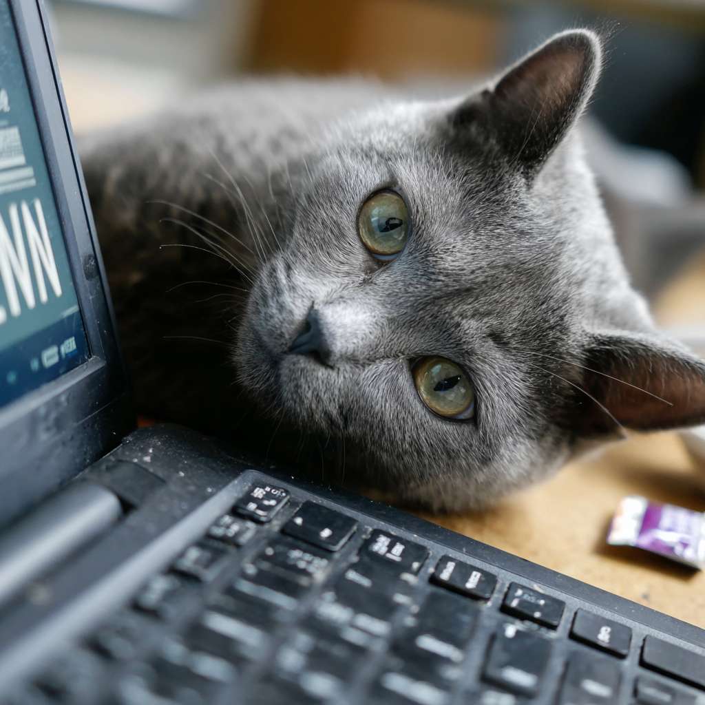一只美国短毛猫，瘫在电脑键盘上，屏幕上是“周末勿扰”的图案，旁边放着零食，照片级真实感，4k，超详细，搞笑风格 --ar 1:1 --v 7 --stylize 100 --fast --no 水印