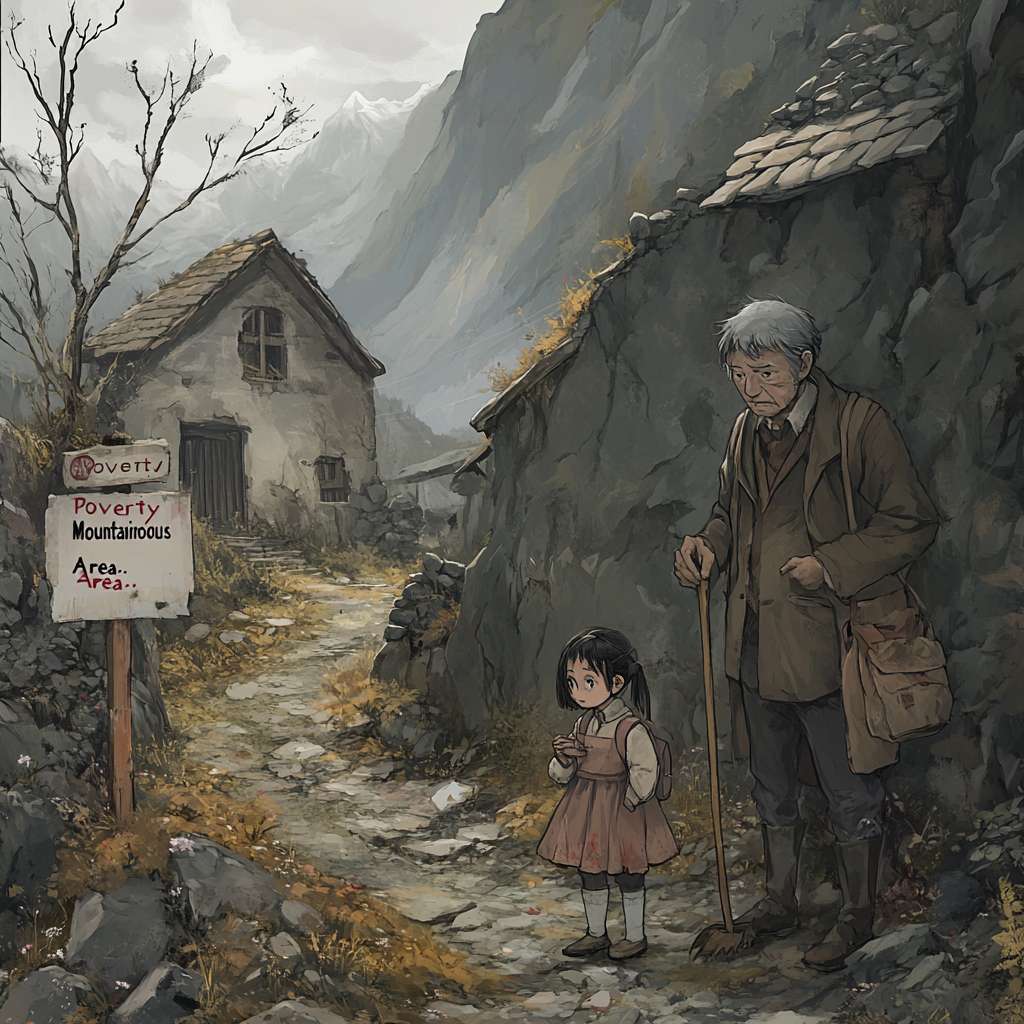 场景：一个偏远的小山村，房屋破旧，道路崎岖，周围是荒芜的山地。
角色：
一位中年农民，穿着破旧的衣服，面带愁容，手中拿着锄头，站在自家破旧的房屋前。
旁边有一个小女孩，穿着破旧的校服，背着书包，眼神中透露出对知识的渴望。
细节：
房屋墙壁有裂缝，屋顶有破洞。
山坡上有一些干枯的庄稼。
路边有一块牌子，上面写着“贫困山区”。
色彩：整体色调偏灰暗，突出贫困和压抑的氛围。 --ar 1:1 --v 6.1 --stylize 100 --fast