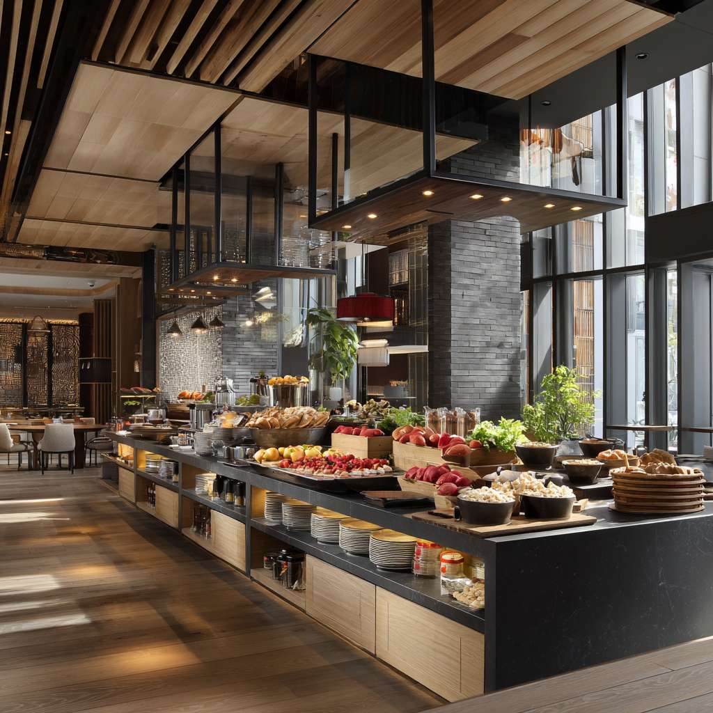 酒店餐厅真实早餐宣传图片 --ar 1:1 --v 7 --stylize 100 --fast --no 水印