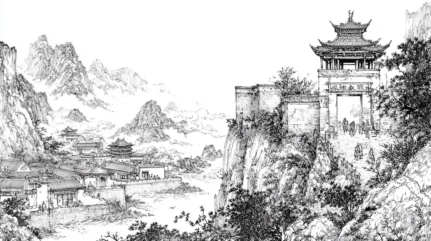 这是一幅黑白线描风格的中式山水建筑插画,展现传统山水与人文景观融合的场景,可从以下维度描述:
山水基底:远景是层叠山峦,以长短线条勾勒岩石纹理,山间缭绕云气(曲线表现),营造悠远意境;中景河流蜿蜒,线条简洁勾勒水流动势。
人文建筑:近景有中式牌坊,匾额刻字(虽难辨认但强化文化符号); 分布着传统坡顶建筑,瓦片以斜线阵列呈现;还有塔楼,通过直线与折线组合塑造层叠结构,丰富天际线。
细节点缀:画面两侧有植物(果实、叶片),以细密线条描绘,增添生机; 穿插人物(如建筑旁、路上的小人),虽简约但点明 “有人间烟火” 的生活感,整体传递出古典山水意境与人文底蕴 。 --ar 16:9 --v 7 --stylize 100 --fast --no 水印