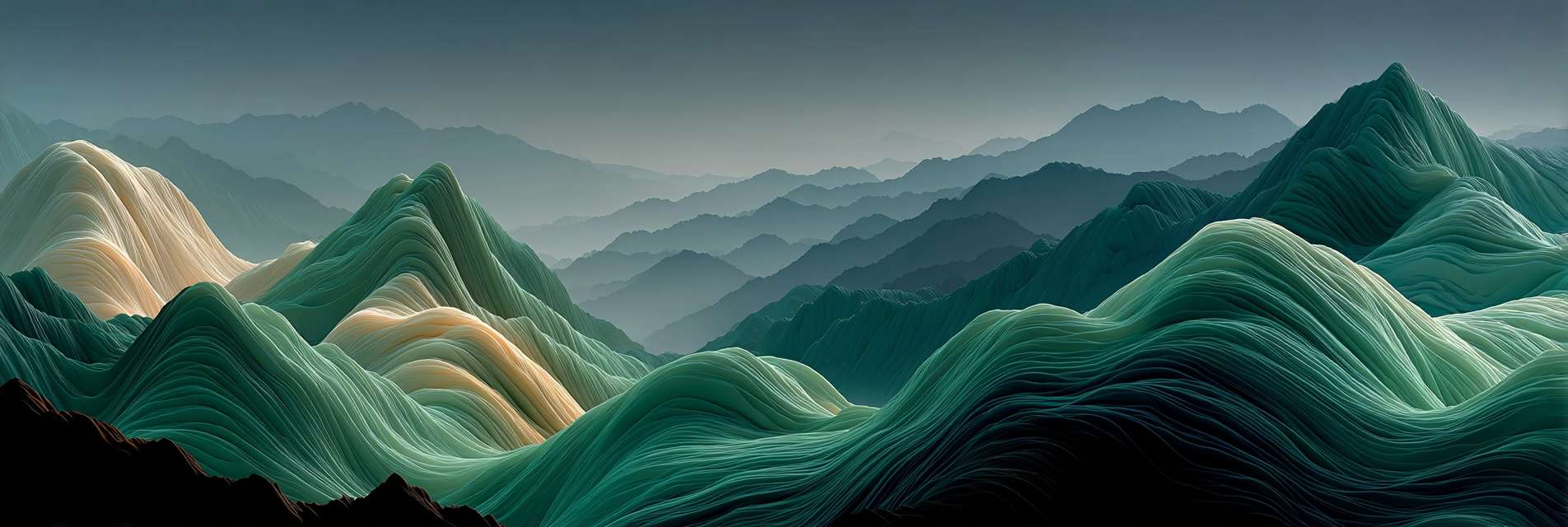 Contemporary Chinese aesthetic, fluid gradient background blending jade green and moon white, abstract energy flow lines inspired by calligraphy strokes, geometric interpretation of qigong movements, microscopic view of tea crystals forming mountain shapes, sophisticated muted colors with 10% transparency elements --ar 3:1 --v 7 --c 30 --stylize 750 --fast