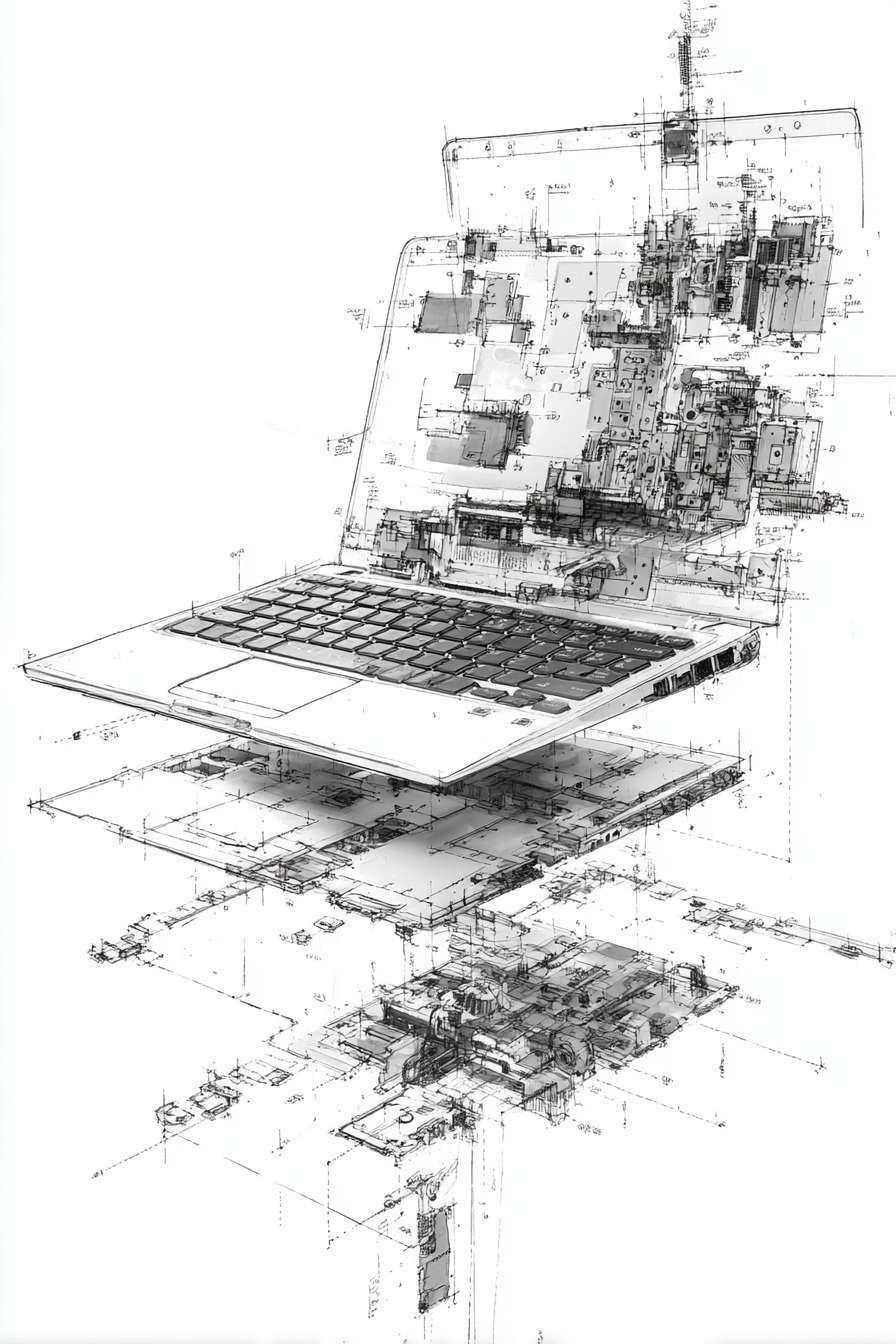 Ultra-detailed technical cutaway blueprint illustration of a high-performance laptop, dynamic wide-angle low-shot perspective. Main subject: a disassembled flagship ultrabook (ThinkPad X1 Carbon or MacBook Pro style), rendered in a realistic hand-drawn watercolor and technical ink style, isolated on a clean white background. The composition is an architectural exploded-view, with every component meticulously separated and floating in place, connected by precise thin leader lines. --ar 2:3 --v 7 --stylize 100 --fast