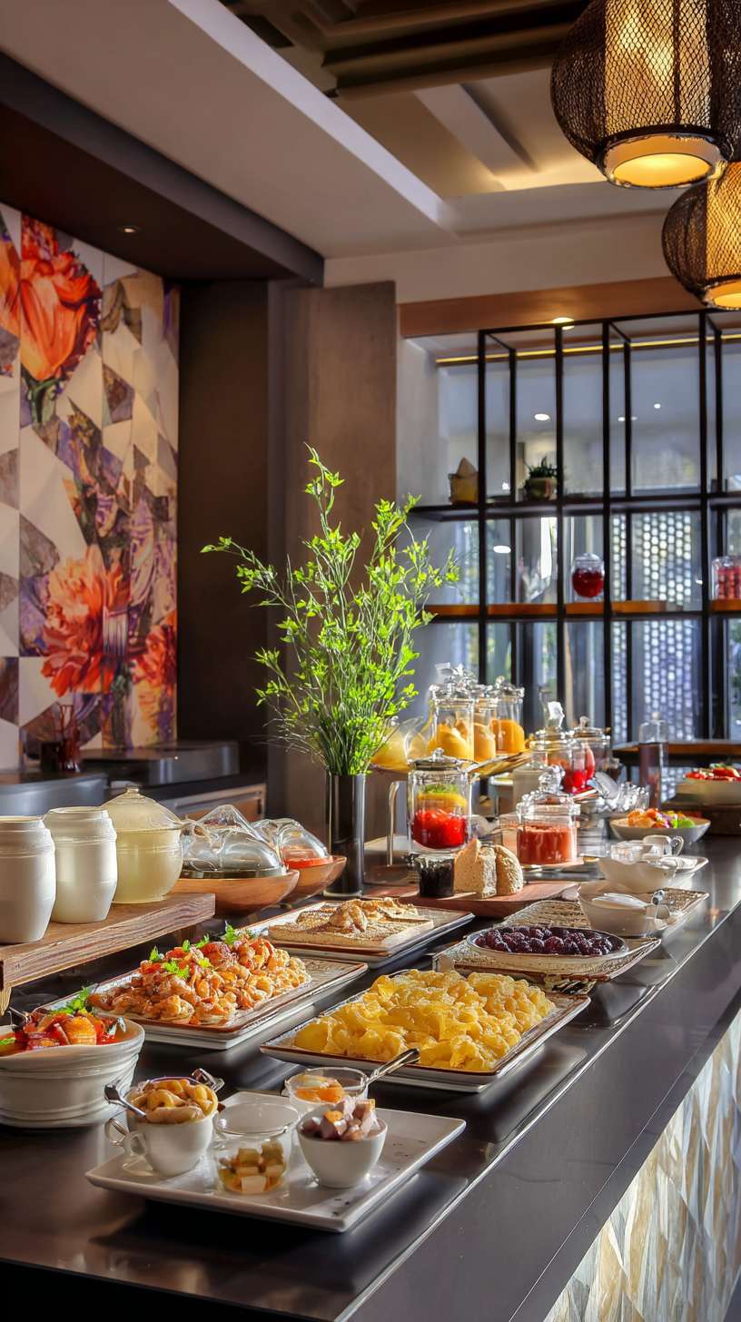 帮我做五张汉庭真实酒店餐厅早餐宣传实拍照片 --ar 9:16 --v 7 --stylize 100 --fast --no 水印