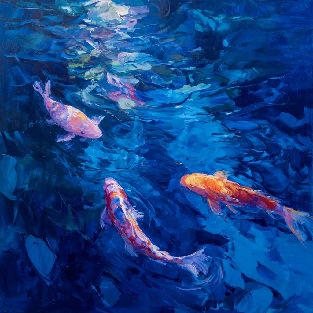 Dreamy blue depths with iridescent light and vivid koi, expressive strokes for fluid grace, abstract. --ar 1:1 --v 7 --stylize 100 --fast
