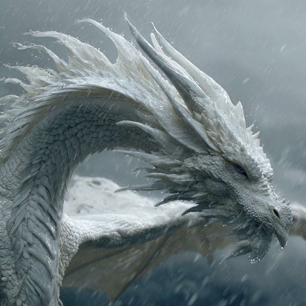 超写实 4K ，一只细节丰富的白龙在暴雨中穿行，每一片鳞片都反射着周围的光线与雨水。水珠附着在龙角与翅膀上，龙翼有力扇动，驱散雨滴与云雾。特写镜头展现龙的皮肤纹理与肌肉运动，中景镜头呈现龙在云层间穿梭的完整身姿。真实的雨水物理效果，空中可见雨滴飞溅与涟漪，光线完全遵循闪电与阴天的自然规律。 --ar 1:1 --v 7 --stylize 100 --fast --no 水印