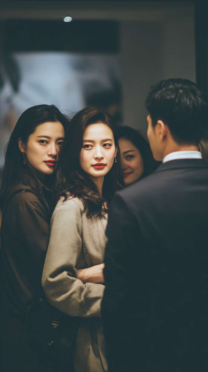 咖啡馆里三个时尚的女士并肩而坐，桌对面是一个男性保险代理人，右边的女孩眼神有些嫌弃，左边的女孩在批评她，中间的女孩看着男性保险代理人，表情有些抱歉。镜头从保险代理人右侧后方拍摄，能看到代理人的后背，和三个女生的正面 --ar 9:16 --v 7 --stylize 100 --fast --no 水印