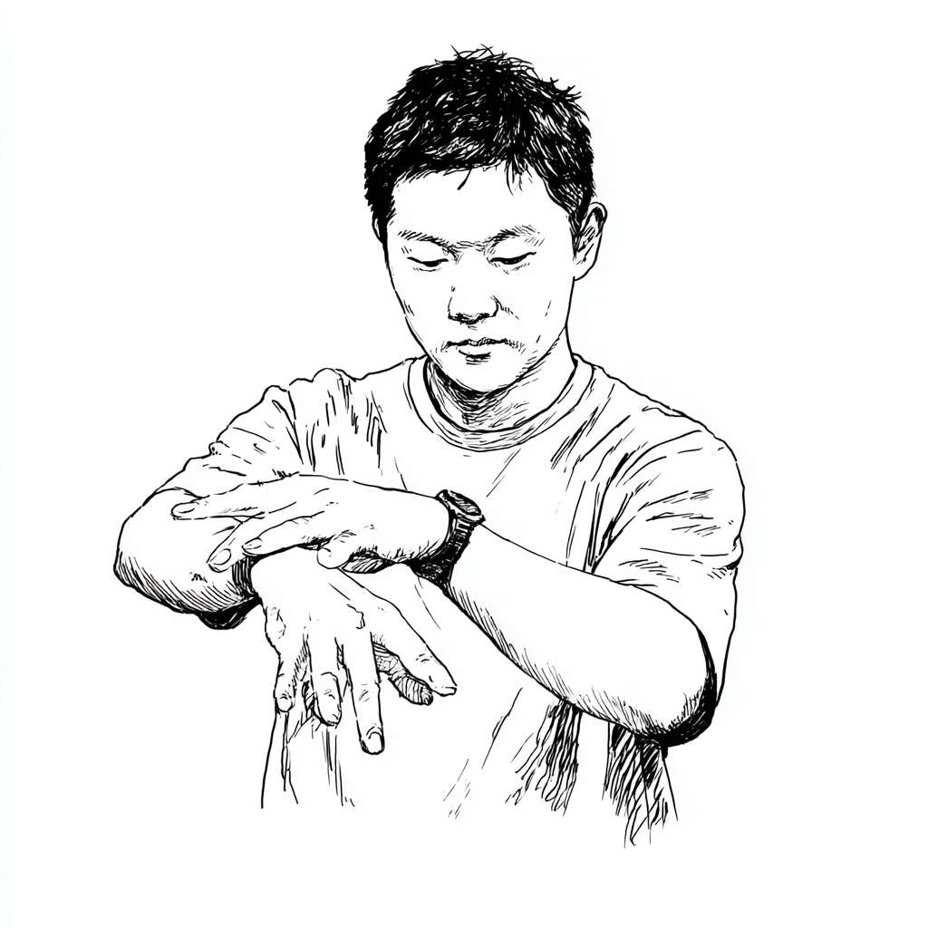 A picture of an Asian person  slapping their cubital fossa --ar 1:1 --v 7 --stylize 100 --fast