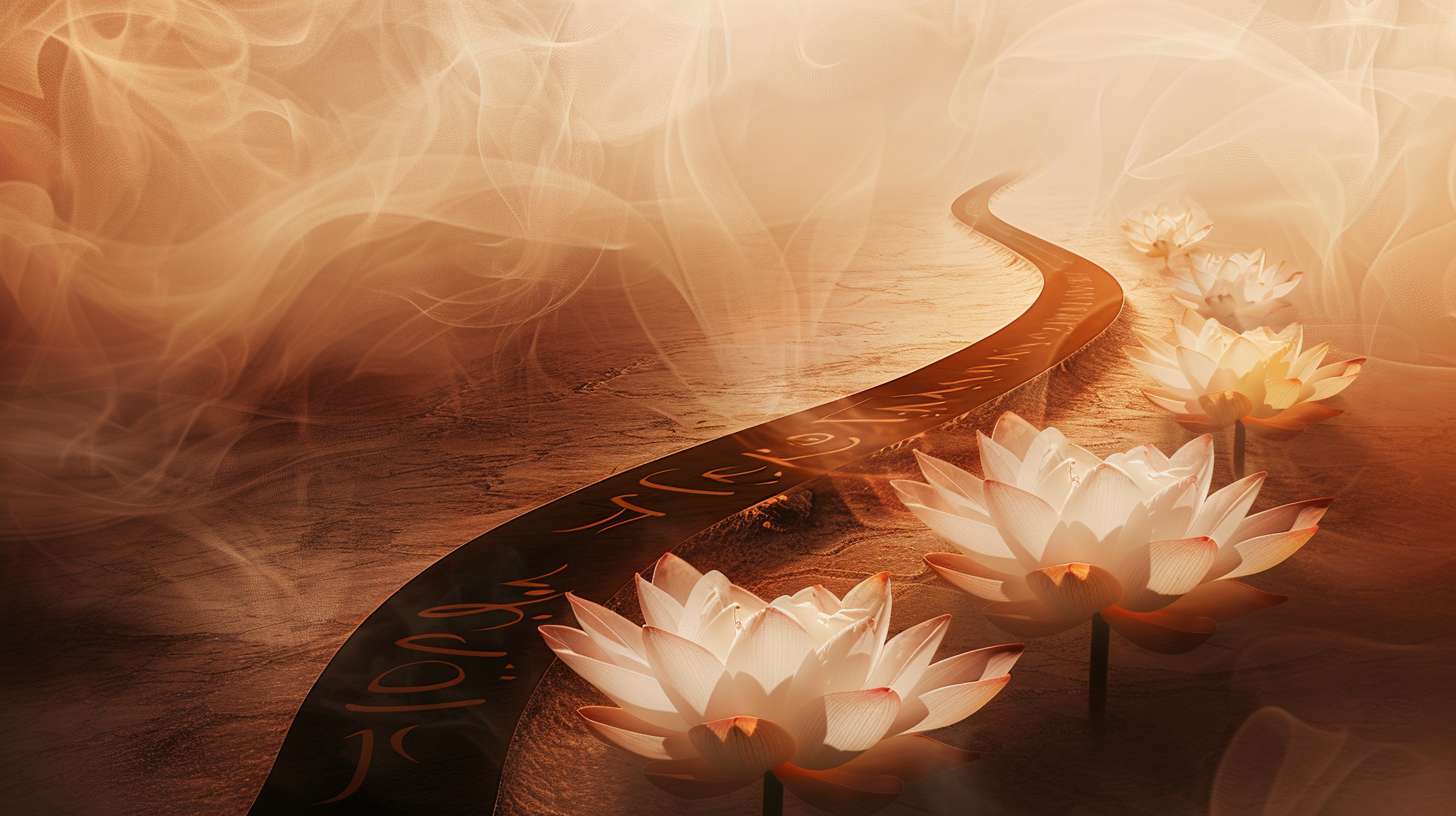 A path unfolding like a scroll in mid-air, each step blooming with lotus flowers, semi-transparent parchment texture showing calligraphy strokes, warm amber lighting, fusion of Eastern philosophy and modern minimalism --ar 16:9 --v 6 --stylize 100 --fast