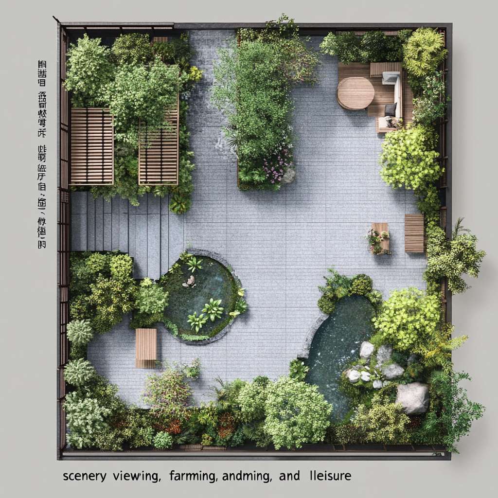 请根据以下描述生成一个建筑平面图。一、庭院功能分区与动线规划
1. 前院(迎宾景观区)
尺寸:4m×8m(靠近主入口)
核心元素:
中式门廊:悬挑1.5m宽灰瓦檐廊,地面铺青石板,设木质长凳供休憩。
曲径通幽:鹅卵石拼花小径(宽0.8m)蜿蜒至入口,两侧种植修水本地毛竹、蕨类。
水景点睛:利用小溪活水引入小型叠水景(宽1m×长2m),配石磨盘流水装置。
2. 侧院(实用功能区)
功能复合:
农具收纳:竹篱笆围合2m×3m工具间,顶部攀缘凌霄花遮阳。
晾晒区:防腐木平台(3m×3m),配可收放晾衣绳。
3. 后院(私密休闲区)
设计要点:
亲水平台:防腐木搭建挑台(4m×3m)延伸至溪边,设固定藤编桌椅。
生态菜园:阶梯式种植箱(1.2m高,方便老人操作),种植辣椒、薄荷等易打理作物。
夜景观赏:沿溪悬挂竹编灯笼,安装太阳能草坪灯(色温2700K暖光)。
二、中式美学细节设计
元素 实现方式 成本控制技巧
围墙 1.2m高青砖基座+上部竹格栅(间距15cm) 基座用本地红砖刷青灰漆,节省30%成本
地面铺装 60%青石板(主径)+30%砾石(排水带)+10%防腐木(平台) 砾石层下铺土工布防杂草
植物搭配 上层:桂花(香氛)+ 红枫(秋色)
中层:南天竹+芭蕉
下层:麦冬+矾根 选择2-3年生苗木,本地采购降低运费
小品装饰 旧石槽改荷花池、陶罐组合盆景、仿古拴马石 利用老物件再造景,文化感强且低成本
三、气候适应性设计
防潮排水
地面整体坡度3%向小溪方向倾斜,砾石排水沟沿建筑周边设置。
亲水平台底部架空10cm,采用菠萝格防腐木(耐湿性优于杉木)。
夏季遮阳
廊架顶部覆盖50%透光率的竹编遮阳板,搭配紫藤、葡萄等攀缘植物。
东西侧种植常绿女贞树篱(高2.5m),阻挡午后西晒。
冬季防风
北侧用木槿+珊瑚树混植绿篱(密度0.8m/株),降低冷风侵袭。
休息区设可拆卸透明防风帘(亚克力板+木框),冬季临时加装。
四、适老化安全设计
无障碍通行:所有通道宽度≥1m,无台阶设计,门槛高差<1cm。
防滑处理:青石板表面做荔枝面处理(摩擦系数≥0.6),木平台加防滑凹槽。
应急便利:
休憩区每10m设一键呼叫按钮(直连老人房报警器)。
夜间路径灯带嵌入地面(照度50-100lux),自动感应启动。
五、成本优化方案(预算3-5万元)
项目 推荐做法 单价参考
硬质铺装 本地青石板(60元/㎡)+ 砾石(30元/㎡) 1.2万元(约200㎡)
木作 菠萝格防腐木平台(350元/㎡) 1.5万元(40㎡)
绿化 本地苗木+自播草花 0.8万元(含土壤改良)
水景 小型循环水泵+旧石槽改造 0.3万元
照明 太阳能庭院灯+LED灯带 0.4万元
六、四季景观搭配建议
季节 观赏焦点 植物选择
春 入口紫藤花廊 紫藤、杜鹃、迎春
夏 荷池与芭蕉听雨 荷花、芭蕉、茉莉
秋 红枫与桂花香径 红枫、桂花、菊花
冬 竹石景观与常绿树 毛竹、南天竹、茶梅
七、施工注意事项
管线预埋:庭院照明线路穿PVC管埋深≥40cm,预留智能灌溉接口。
植被养护:芭蕉、竹子等根系发达植物需距建筑基础≥2m。
生态保护:溪边保留1m原生植被缓冲带,防止水土流失。
效果示意:
日景:白墙黛瓦掩映竹影,青石小径蜿蜒至溪边,木平台上老人闲坐品茶。
夜景:竹灯笼暖光映照水面,麦冬草间的萤火虫灯星星点点,宛如水墨画卷。
通过功能复合、在地材料利用和精细化适老设计,可在有限预算内实现“观景、务农、休闲”三合一的舒适庭院。 --ar 1:1 --v 6.1 --stylize 100 --fast