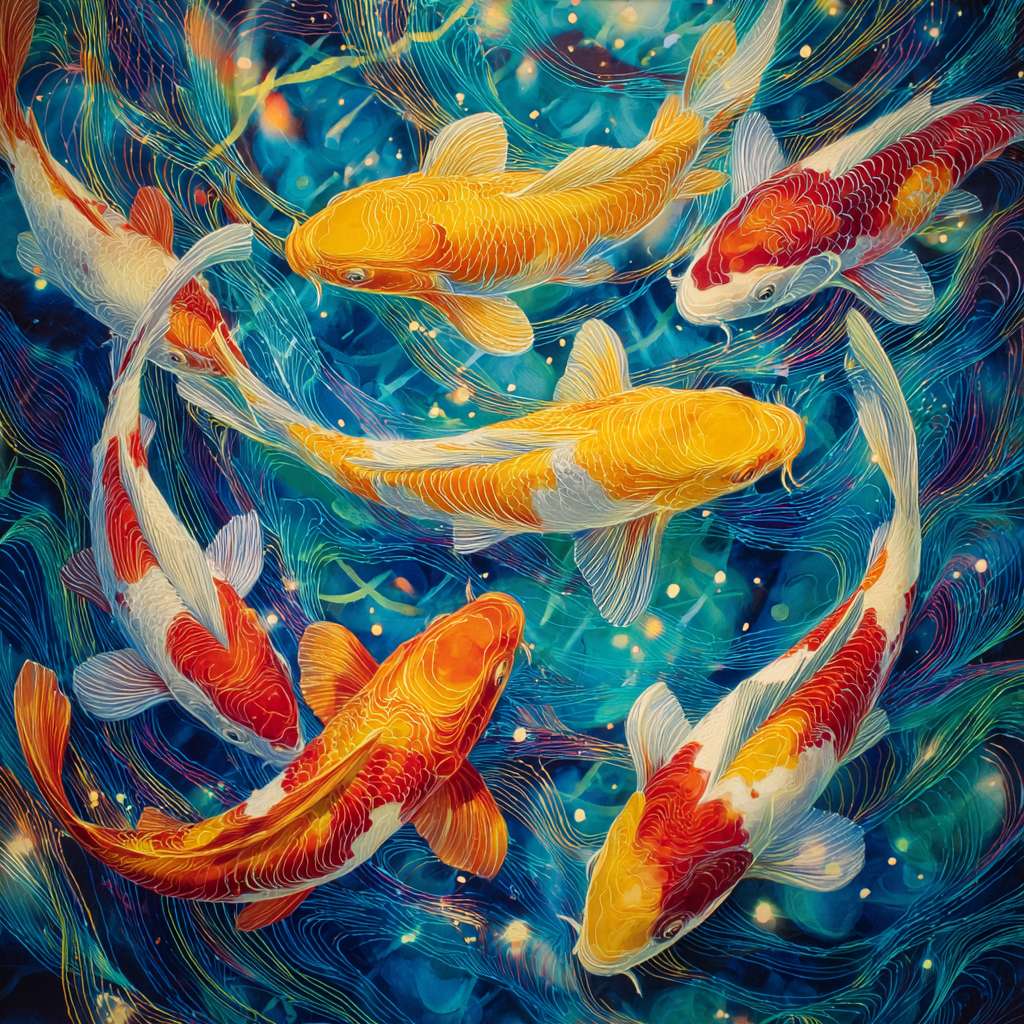 Vibrant underwater scene: blue water with colorful light bursts, koi in sinuous poses, 粗笔触 for texture, 细笔触 for detail, abstract. --ar 1:1 --v 7 --stylize 100 --fast --no 水印