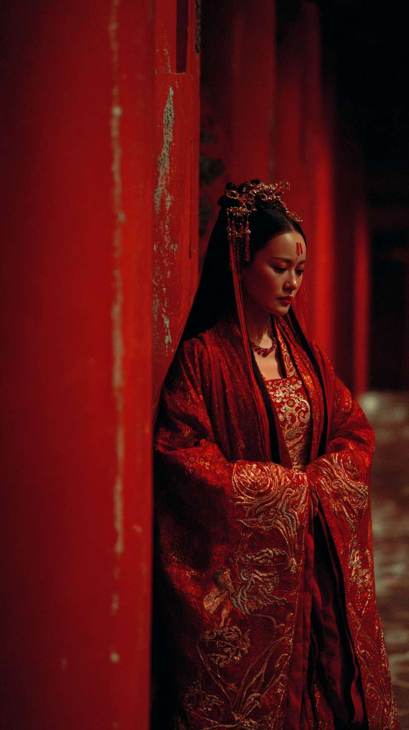 8K high - definition cinematic realism photography in Zhang Yimou's directorial aesthetic style. The real - life Shang and Zhou dynasty palace setting is restored, with the enchanting concubine Daji standing in front of a white marble dragon - carved pillar. Vermilion mist shrouds the red walls and yellow tiles. She wears a twelve - chapter pattern Shu brocade palace dress, with golden - thread coiled nine - tailed fox totems embroidered on the sleeves. The hidden patterns faintly appear under candlelight. Her jet - black hair cascades down to her waist, and nine oriental pearls on her golden hairpin tremble with her movements. The cinnabar mole on her forehead contrasts sharply with the demonic patterns at the corners of her eyes. Her phoenix eyes emit soul - captivating glints, and her vermilion lips seem to hold millennia of resentment. A wisp of purplish - blue demonic aura wraps around her fingertips, casting distorted shadows on the ground. Unsettled blood mist floats beside a bronze jue cup, and palace lanterns refract multiple silhouettes. The overall color palette uses Zhang Yimou's signature red - black contrast, complemented by cool blue light to enhance the historical gravitas and mysterious atmosphere. --ar 9:16 --v 7 --stylize 100 --fast