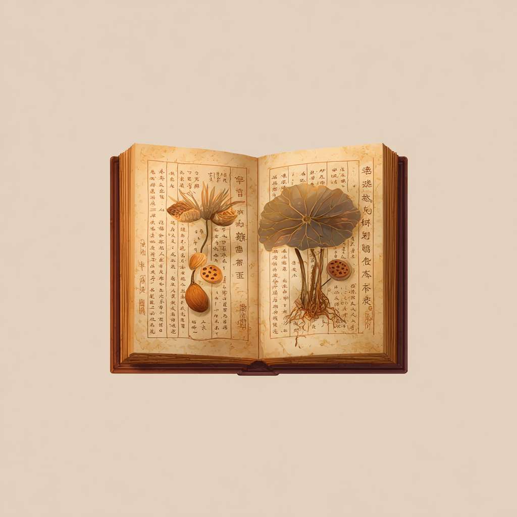 "Square icon, an open ancient Chinese book with yellowish parchment texture, simple line drawings of yam and lotus root on pages, warm beige and brown colors, no text, soft lighting, life illustration style" --ar 1:1 --v 7 --stylize 100 --fast