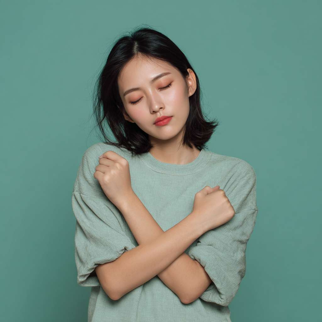 A picture of an Asian person peacefully slapping their cubital fossa --ar 1:1 --v 7 --stylize 100 --fast