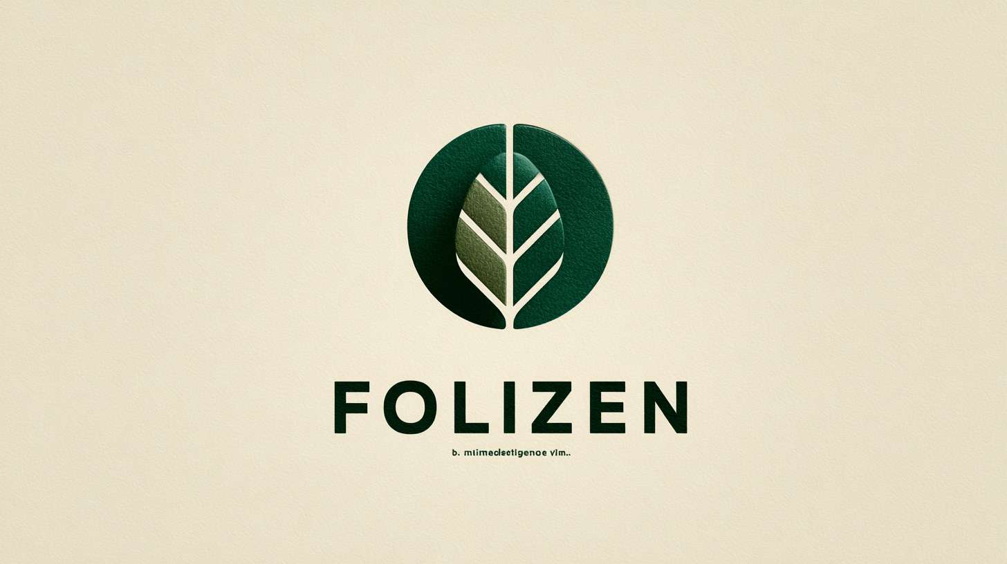 Clever negative space logo: Letter "O" in "FOLIZEN" doubles as a meditative stone, hidden leaf vein in counter of "e", deep moss green on cream, clean sans-serif, tagline minimally placed at right bottom --ar 16:9 --v 7 --stylize 100 --fast