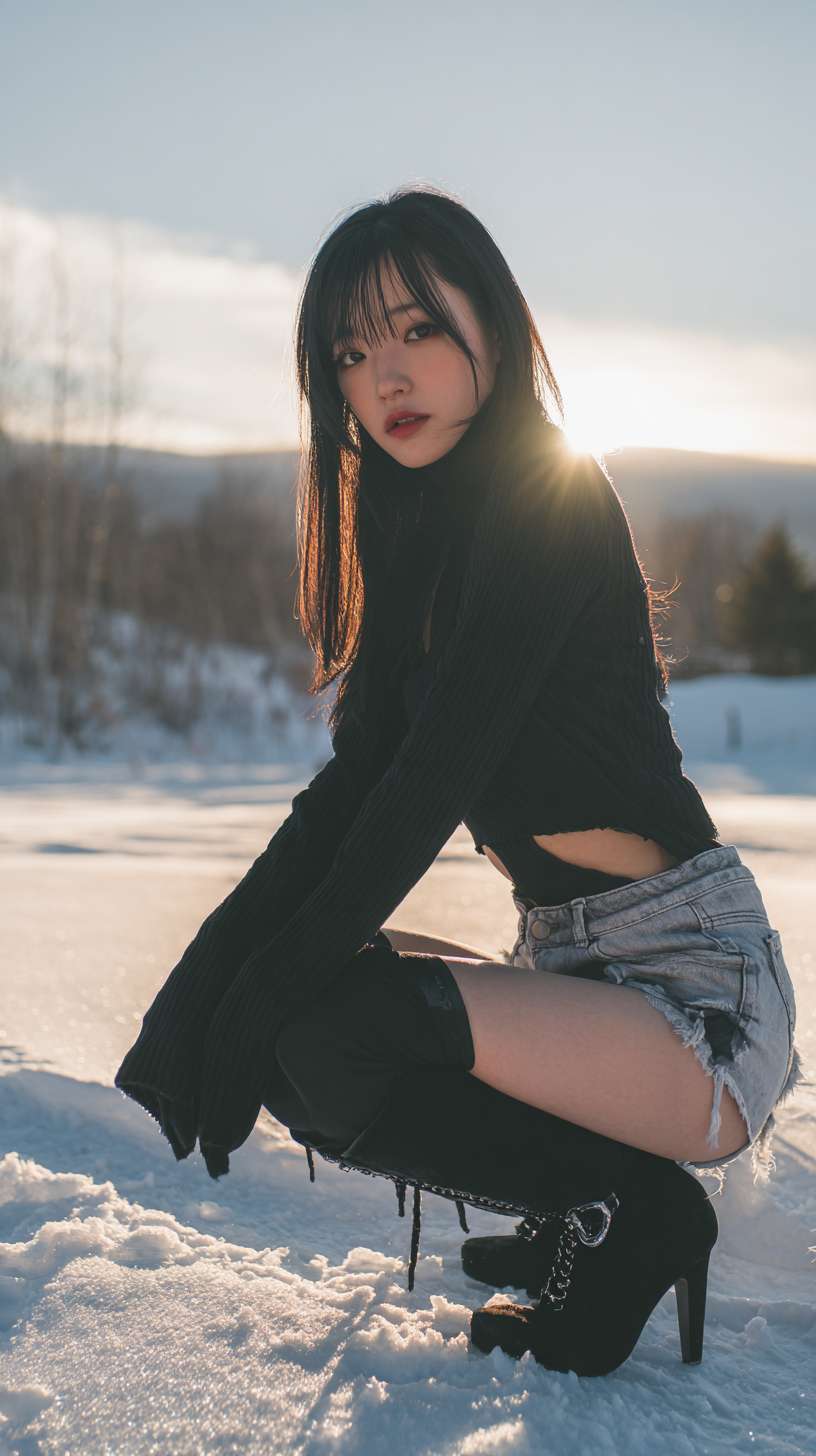 1个女孩，长发，黑发，牛仔短裤，长腿，高跟鞋，冬天，雪，雪地，雪山，光线 --ar 9:16 --v 7 --stylize 100 --fast --no 水印,水印,水印,水印