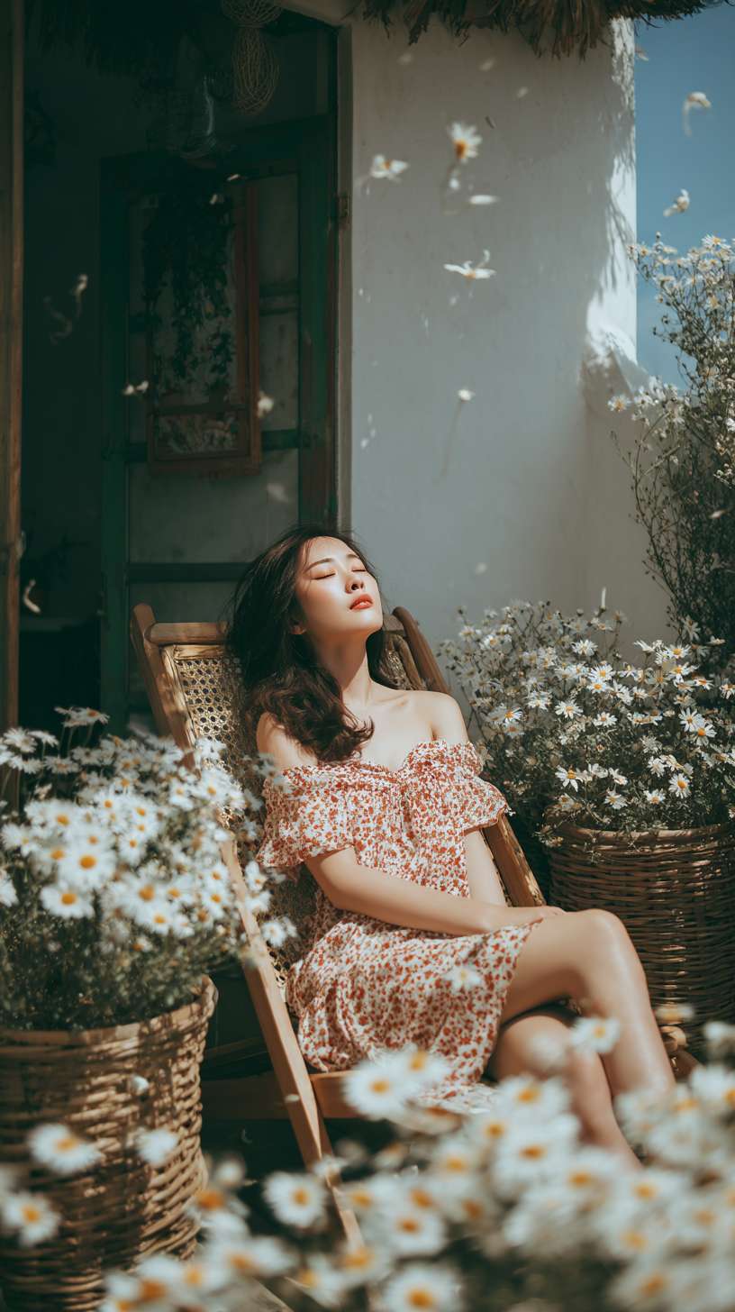 在一个白墙灰瓦的大理小院子里，一个美女在躺椅上悠闲的躺着晒太阳，院子里开满了花，望着远处苍山，感受院里下关风吹来的花瓣 --ar 9:16 --v 7 --stylize 100 --fast --no 水印