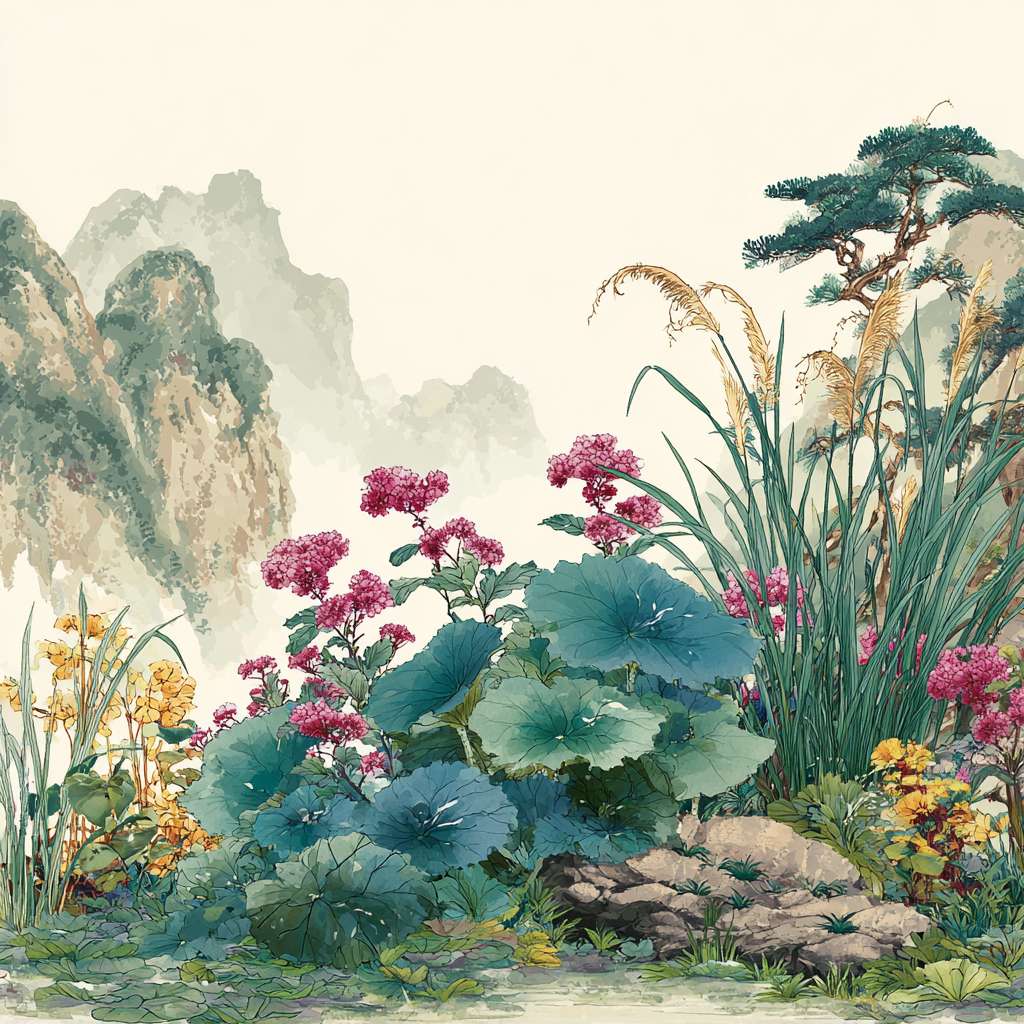 请画一幅关于杨浦滨江的卡通画，滨江边上有马尾草、绣球花、粉黛乱子草、蒲苇、水杉树，绿树环绕，风景优美 --ar 1:1 --v 7 --stylize 100 --fast --no 水印