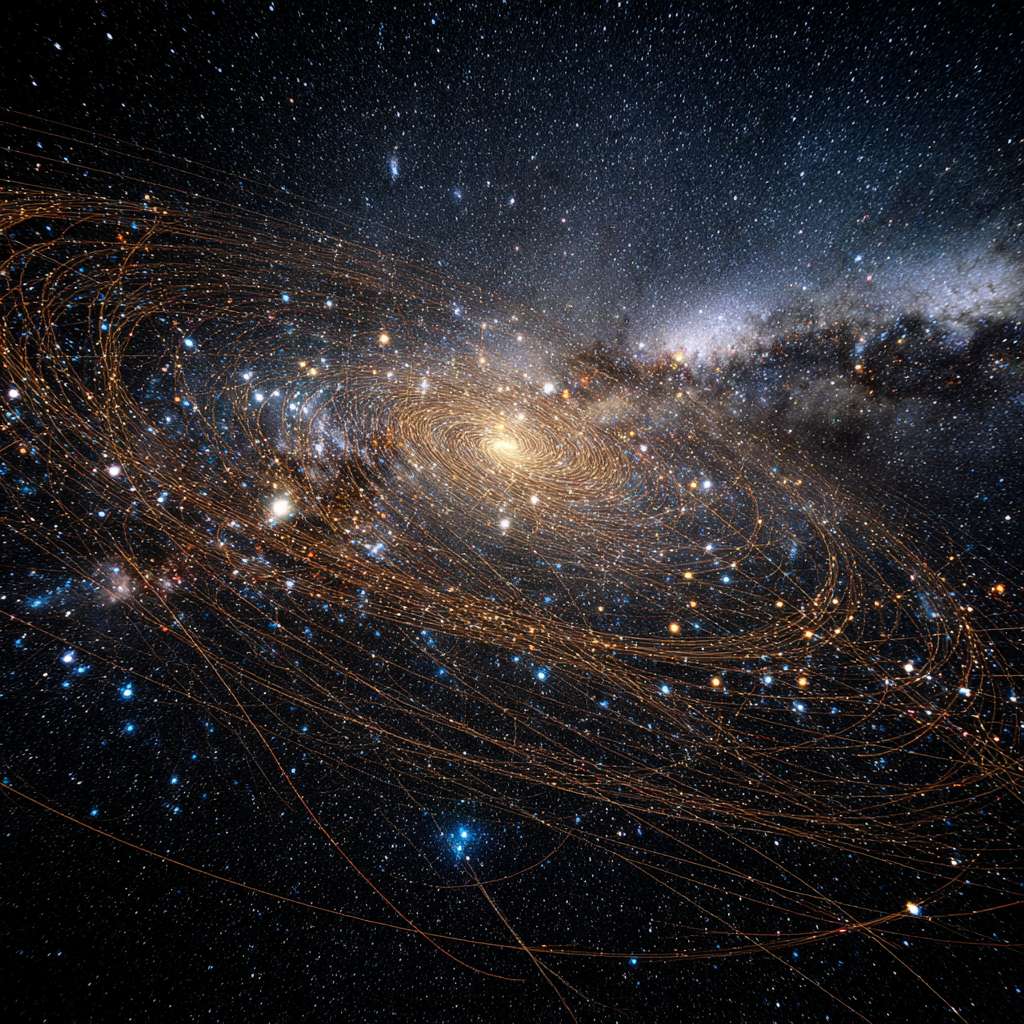 在浩瀚宇宙中有黑洞，星宇，各种星系天体，在这个画面中地球是最进的画面，显得非常科技风，地球外卖呢环绕好多物联网科技风虚线路 --ar 1:1 --v 7 --stylize 100 --fast --no 水印