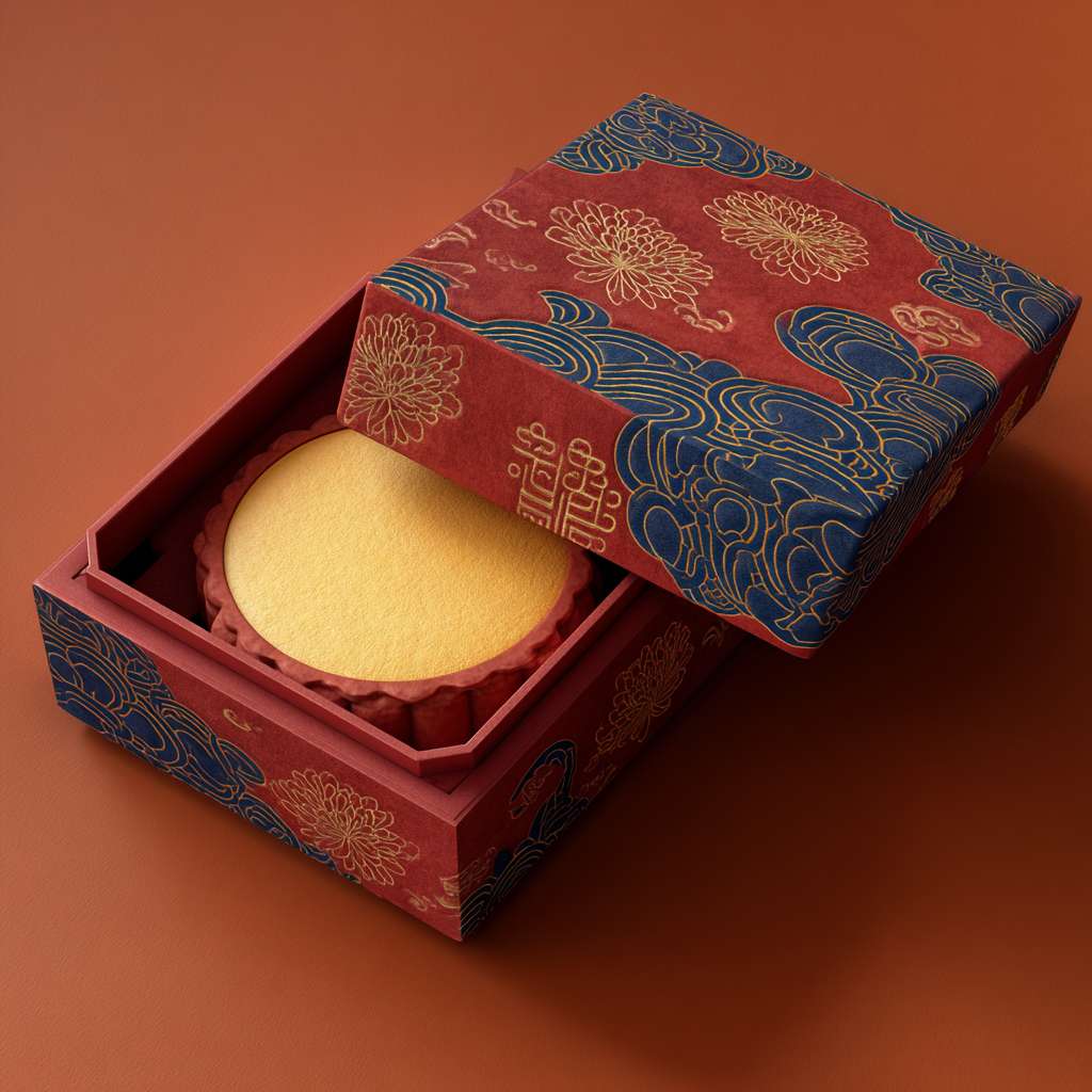 Chinese Mid-Autumn mooncake gift box, vermilion red background with indigo blue patterns, gold foil embossed clouds and chrysanthemums, traditional Chinese window cut-out revealing yellow inner box, silk fabric interior, matte texture with glossy accents, classic Chinese aesthetic, top view product shot, studio lighting, hyperrealistic, 4k detail --ar 1:1 --v 7 --stylize 100 --fast