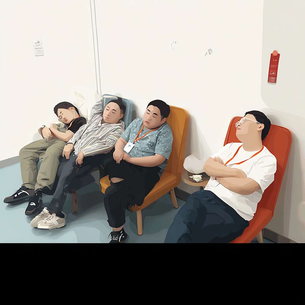 https://img-xpc-mj0.xpccdn.com/prod/upload/fc54d23e-863d-4a3d-a08a-155b4e371e95/DSC05182.JPG~tplv-5yakomv5zn-auto-v1%3A1024%3A0%3Aq75.jpg 参考图片场景，显示4个人在场景内以不同姿势休息的卡通图片，画面清晰，人物显示完整并且佩戴红色挂绳工牌，墙体白色 --ar 1:1 --v 7 --stylize 100 --fast --iw 1 --no 水印