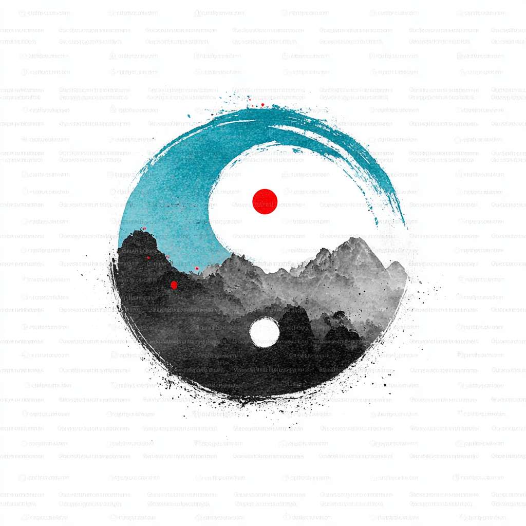 "Circular logo, a minimalist ink-wash Tai Chi symbol in cyan and black, surrounded by faint mountain silhouettes, red dot in Tai Chi center, white background, Chinese Zen style, clean and serene, no text, high resolution, vector style, no text, no watermark" --ar 1:1 --v 7 --stylize 100 --fast
