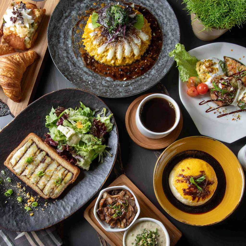 帮我设计五张真实汉庭酒店餐厅早餐高清宣传实拍照片 --ar 1:1 --v 7 --stylize 100 --fast --no 水印