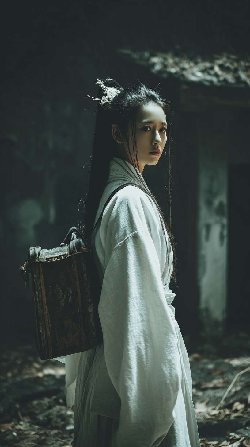 在深山里面，月光照亮着地面，一个身着白色书生服，背着书箱，簪子盘着头发，外面下着雨比较阴暗，前面有点远的地方是一座破败的寺庙，书生背面，背向镜头，远景镜头，写实一些的风格 --ar 9:16 --v 7 --stylize 100 --fast --no 水印