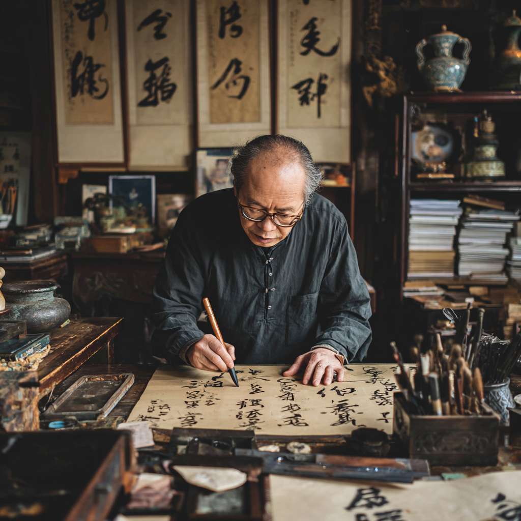 鹦鹉洲头，古色古香的桌案上，一只中年男人正在演奏古琴，画面只需要看见完整的琴身跟手就行 --ar 1:1 --v 7 --stylize 100 --fast --no 水印