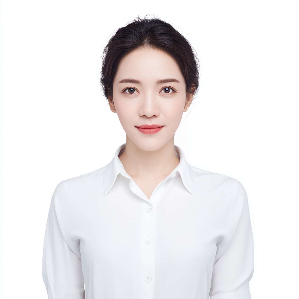 生成一张英语教师女性形象半身正面照，25岁左右，不戴眼镜，身高160左右，体重110斤，白色西服裤子 --ar 1:1 --v 7 --stylize 100 --fast --no 水印