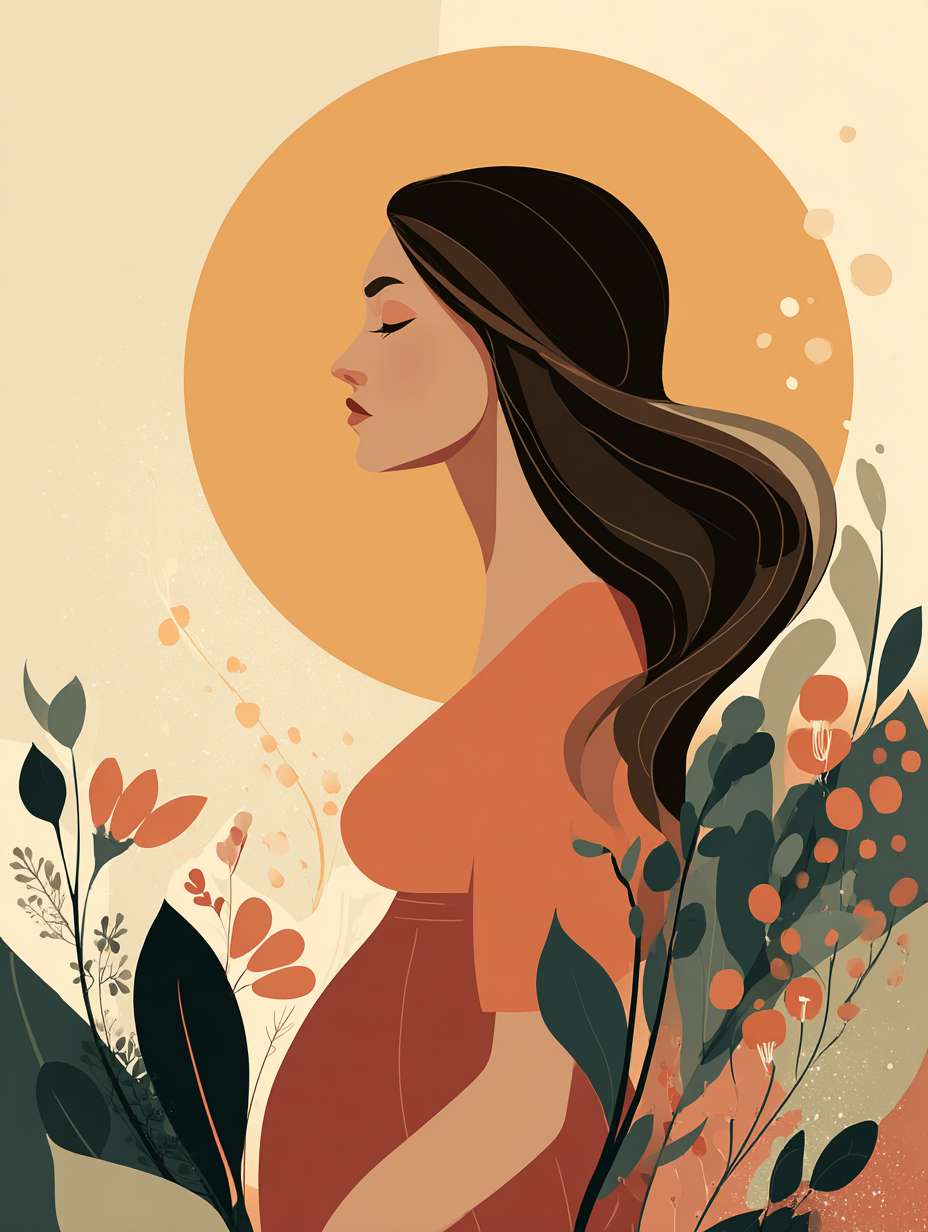 插图或插画形式，使用温暖的色调展示女性的生理周期、月经调节的概念。比如通过艺术化的月亮、植物、女性图像等元素，展现月经周期与自然节律的结合，突出健康管理的自然与和谐。 --ar 3:4 --v 7 --stylize 100 --fast --no 水印