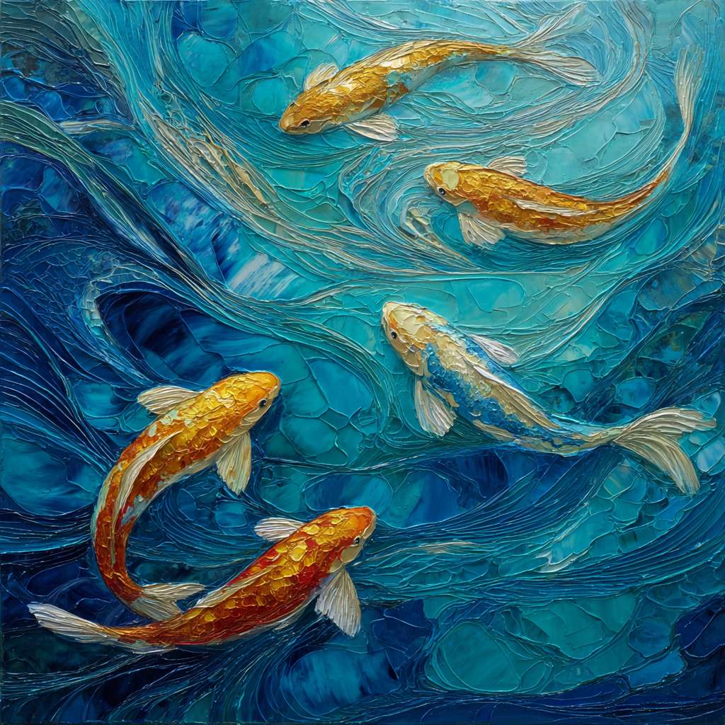 Surreal koi in a sea of blue, 五彩光影 creating ethereal patterns, thick impasto for water, thin lines for fish movement, oil. --ar 1:1 --v 7 --stylize 100 --fast --no 水印