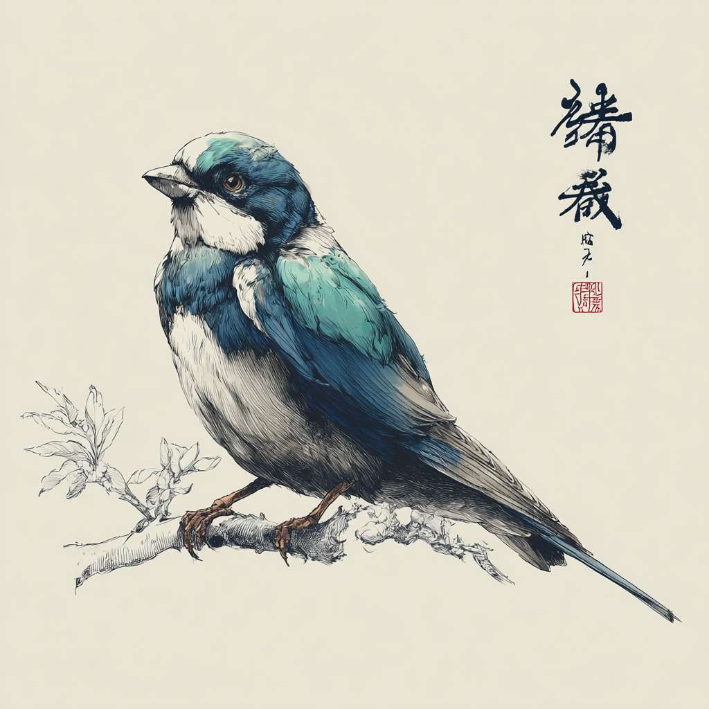 一个优雅的中国雕刻品牌logo，一只蓝绿色的鸟衔着刻刀，线稿，极简，水墨风格，白底 --ar 1:1 --v 7 --stylize 100 --fast --no 水印