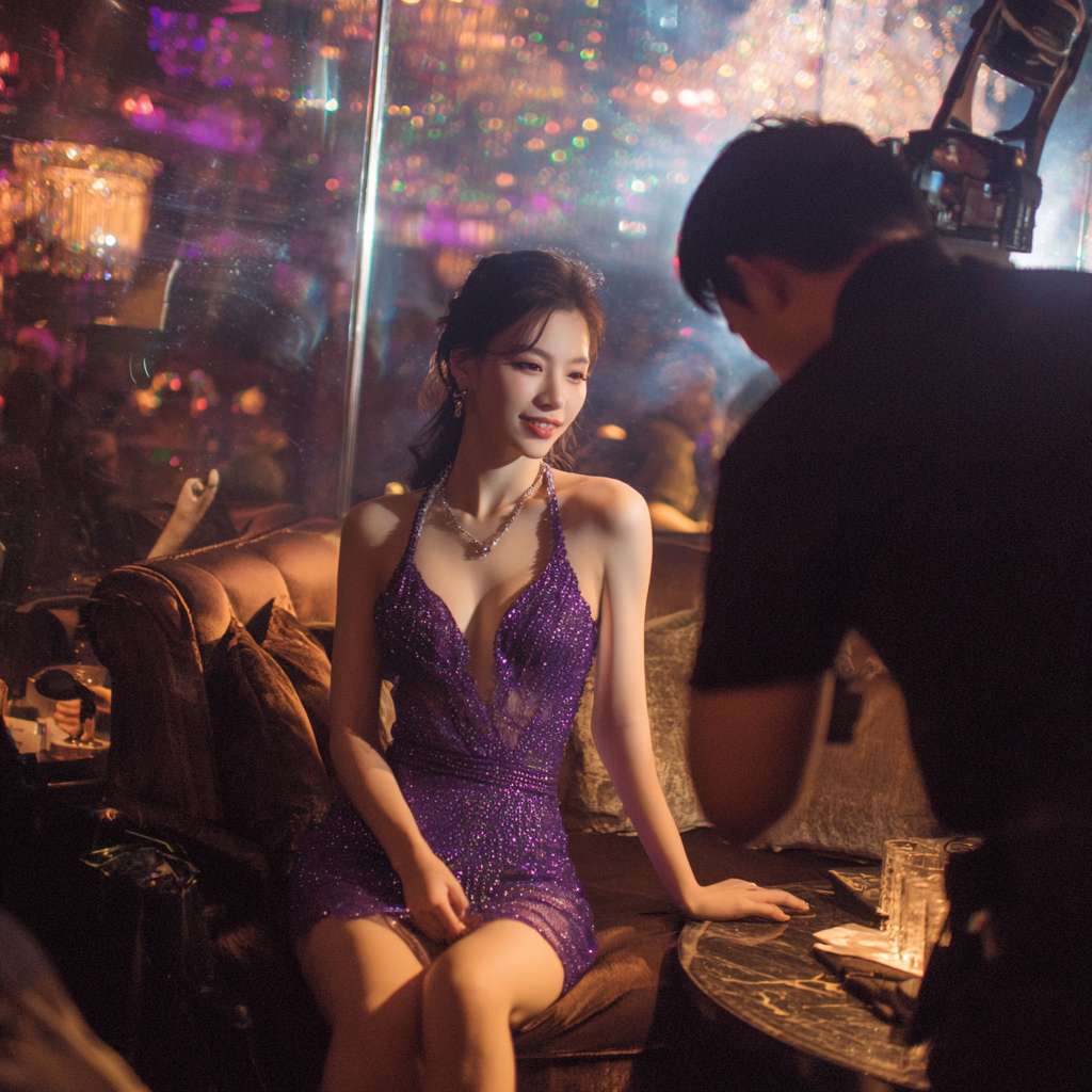中景镜头，在一个充满氛围感的夜店里，一个穿着紫色水晶短裙礼服的女孩坐在沙发上，一个时尚帅气的穿着黑衬衫的摄影师给她拍照，有一束柔光照在女孩身上，背景模模糊糊有很多灯光音乐以及顾客 --ar 1:1 --v 7 --stylize 100 --fast --no 水印