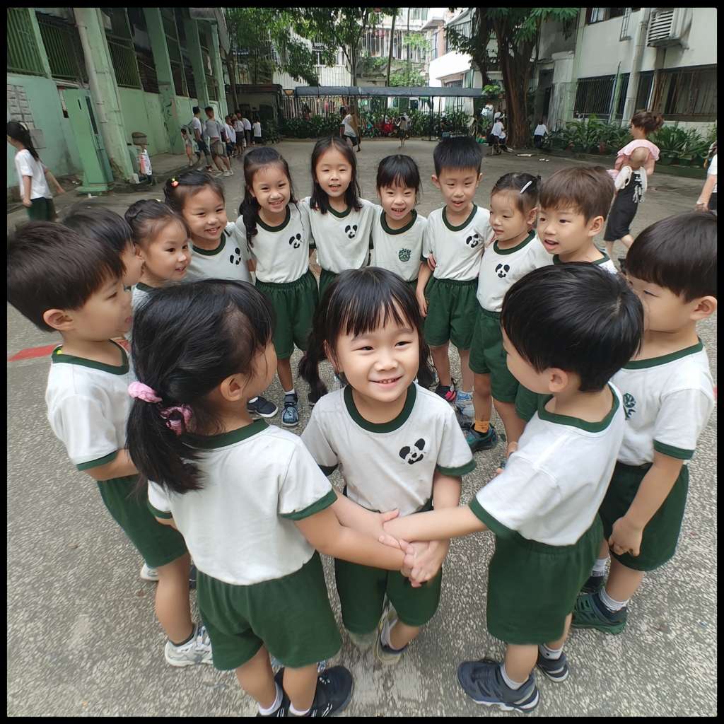 一班小六穿校服的學生們在校園裡圍成一個半圓形，以熊貓為主題，學生們一起將瀕危動物圖案玩集體遊戲 --ar 1:1 --v 7 --stylize 100 --fast --no 水印