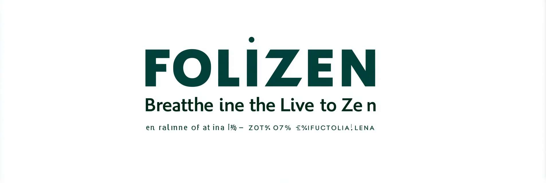 Pure typography logo "FOLIZEN" in thin geometric sans-serif, custom kerning with expanded space between "O-LI" mimicking breath rhythm, "Breathe in the Leaf, Live in the Zen" in 9pt all-caps below with 150% tracking, deep eucalyptus (#3A5F58) on white, extreme minimalism --ar 3:1 --v 7 --style raw --stylize 100 --fast --no symbols icons