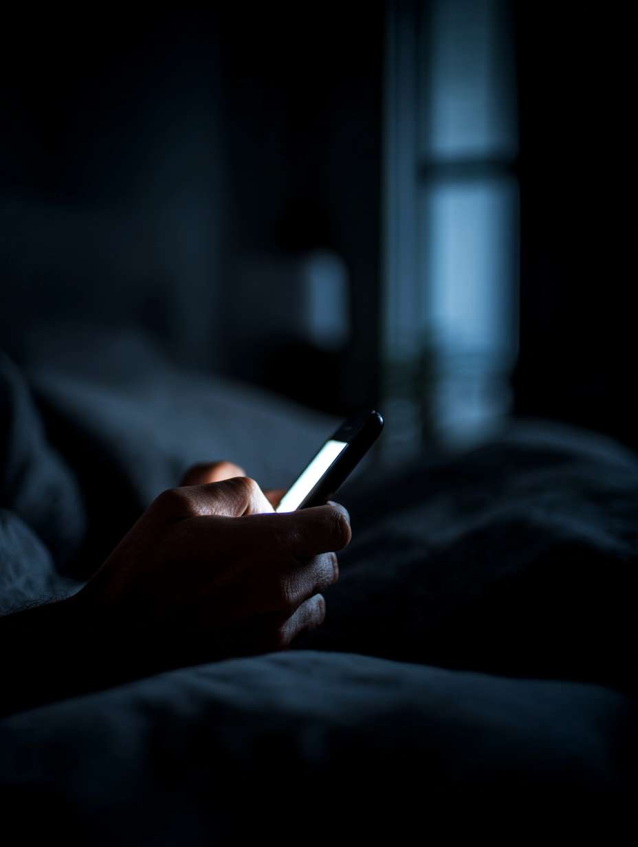 特写：深夜手机屏幕亮着，一只手烦躁滑动，背景是黑暗的房间（冷色调：灰蓝）比例 --ar 3:4 --v 7 --stylize 100 --fast --no 水印