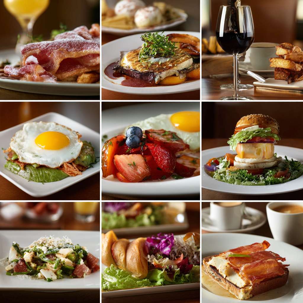 帮我生成十张真实高清酒店餐厅早餐宣传照片 --ar 1:1 --v 7 --stylize 100 --fast --no 水印