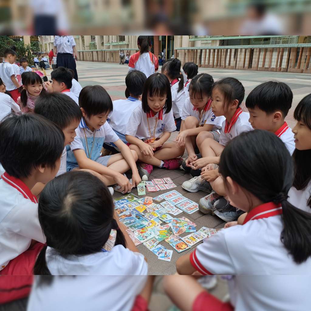 一班小六穿校服的學生們在校園裡圍成一個半圓形，以瀕危動物為主題，學生們一起遊玩瀕危動物圖案的卡牌遊戲 --ar 1:1 --v 7 --stylize 100 --fast --no 水印