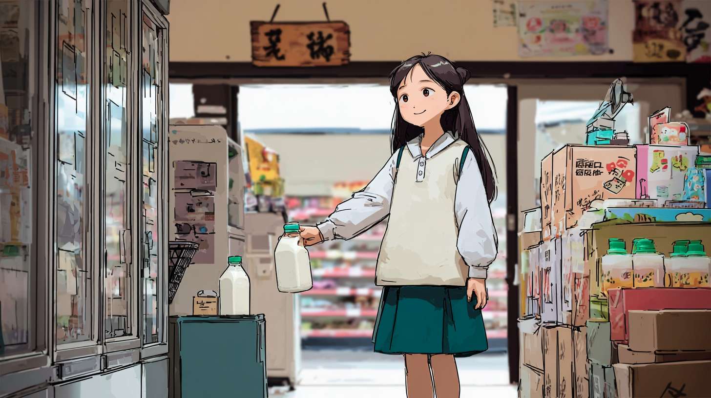 https://img-xpc-mj0.xpccdn.com/prod/upload/9433aba2-a8f1-48a7-b612-853070e740a8/285bf8c2a226e191454ded07779ed049.png~tplv-5yakomv5zn-auto-v1%3A1024%3A0%3Aq75.jpg . 女孩、便利店老板娘
• 地点：清晨的便利店
• 事件：穿校服的女孩因钱不够在冰柜前犹豫，40 + 岁系围裙的老板娘察觉后，默默拿起一瓶热牛奶拧开递上，女孩接下牛奶。 --ar 16:9 --v 7 --stylize 100 --fast --iw 1 --no 水印