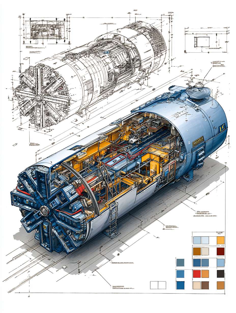 Tunnel Boring Machine (TBM) cutaway perspective blueprint illustration, dramatic wide-angle composition, three-quarter overhead view. Main subject: a highly detailed low-profile modern TBM (Earth Pressure Balance type) rendered in realistic hand-drawn watercolor sketch style, placed on clean white background. Features include: rotating cutterhead with disc cutters and scrapers, with watercolor texture and hand-drawn ink precision. Framed composition with architectural exploded-view edge sketches and directional arrows. Top-right corner includes a color palette swatch block, featuring: steel gray, industrial blue, soil brown, hydraulic red, and lining concrete white. --ar 3:4 --v 7 --stylize 100 --fast