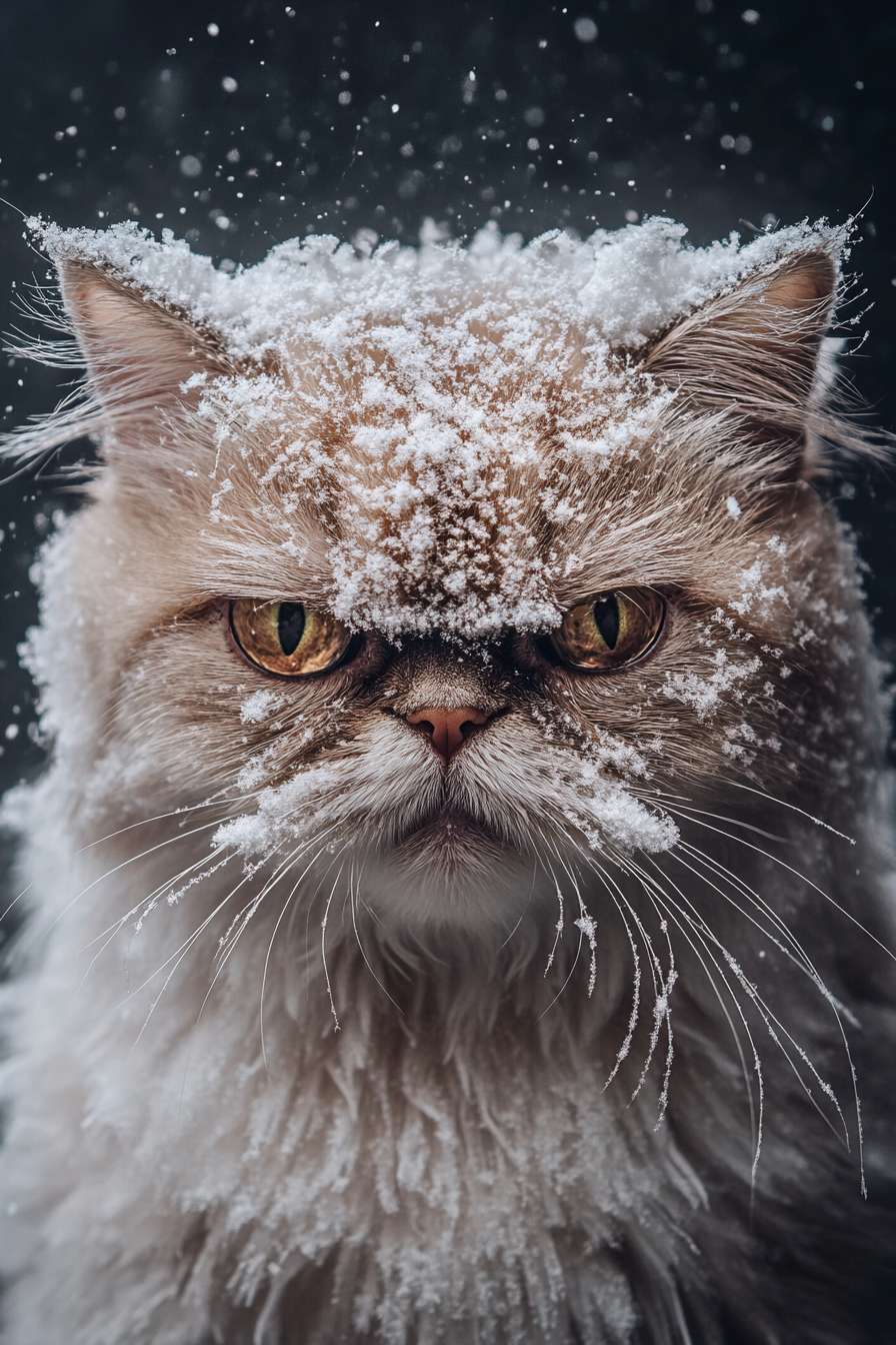 Studio-quality portrait of a rare Jianzhou cat in a snowstorm, close-up shot, symmetrical face, fluffy fur with ice crystals, ethereal winter glow, Fujifilm GFX 100S, 110mm f/2 lens, f/1.4 aperture, Hasselblad natural color grading, National Geographic style, award-winning photography, ultra-realistic, intricate details, frosty breath visible. --ar 2:3 --v 6.1 --stylize 100 --fast