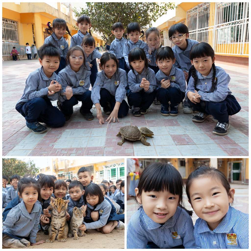 一班小六穿校服的學生們在校園裡圍成一個半圓形，以卡通的風格展示穿山甲、老虎、水獺、熊貓、飛鼠、龜等等的瀕危物種，讓學生們一起將積木併上瀕危動物圖案上 --ar 1:1 --v 7 --stylize 100 --fast --no 水印
