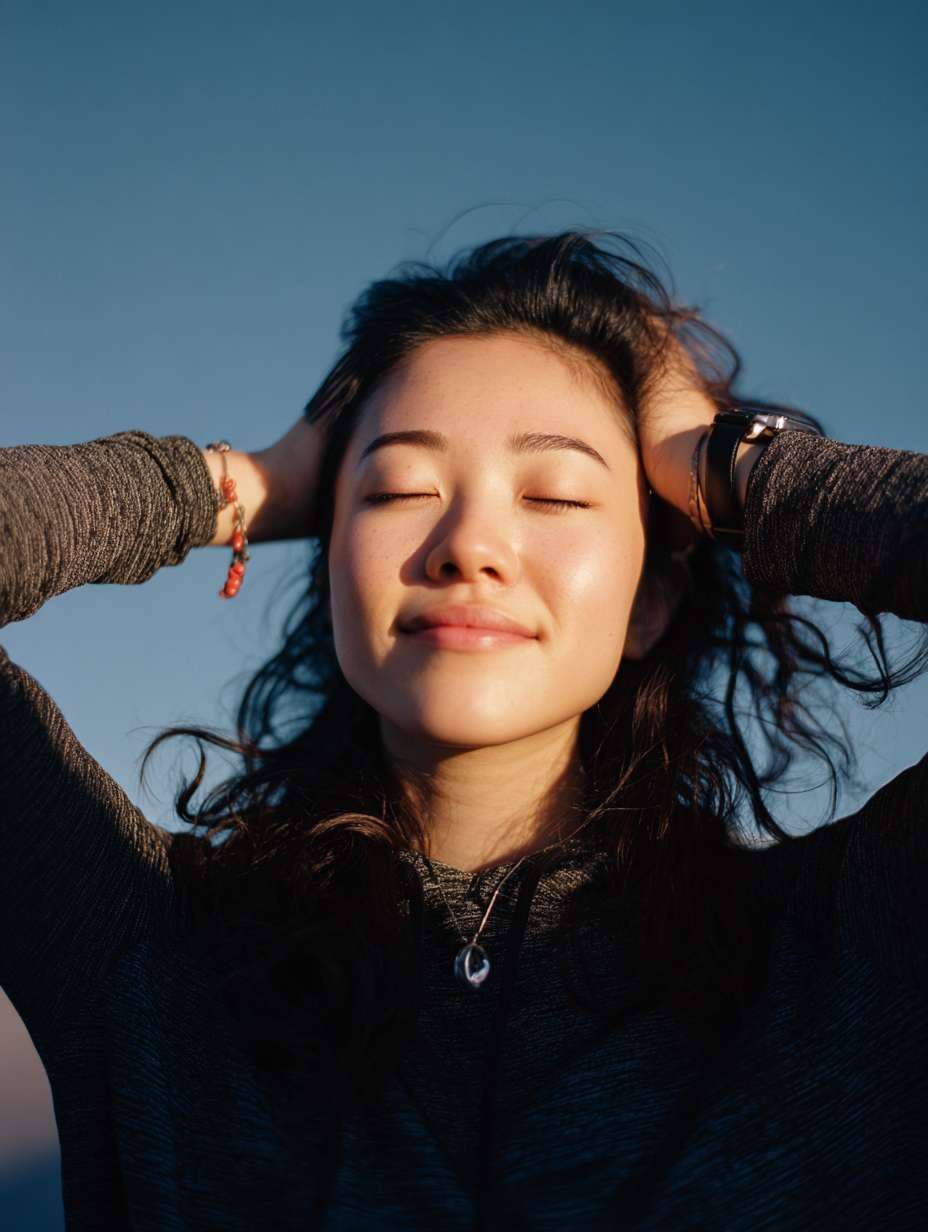 展示女性自信、快乐的表情，如微笑、冥想、愉悦的运动等，体现情绪调节的积极效果。同时，可以配合体质卡、情绪记录的元素，展示通过日常记录与调整来达到更好的情绪状态。 --ar 3:4 --v 7 --stylize 100 --fast --no 水印