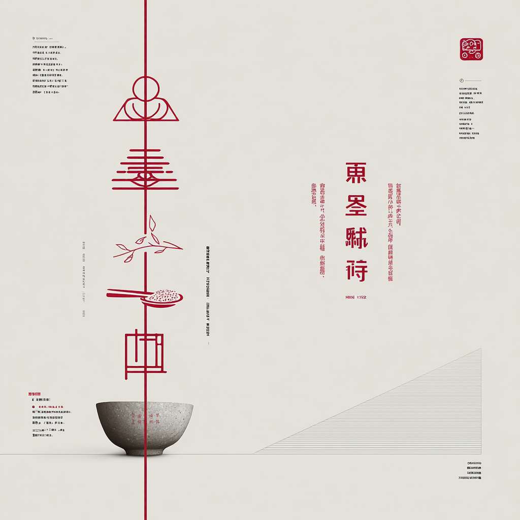"White background, left side: vertical red icons (Tai Chi symbol, meditation stick figure, rice bowl), right side: Chinese text '正念 | 八段锦 | 食疗 | 国学' in modern font, light gray geometric lines at bottom, minimalist Chinese style, 1200x600 pixels" --ar 1:1 --v 7 --stylize 100 --fast --no 水印