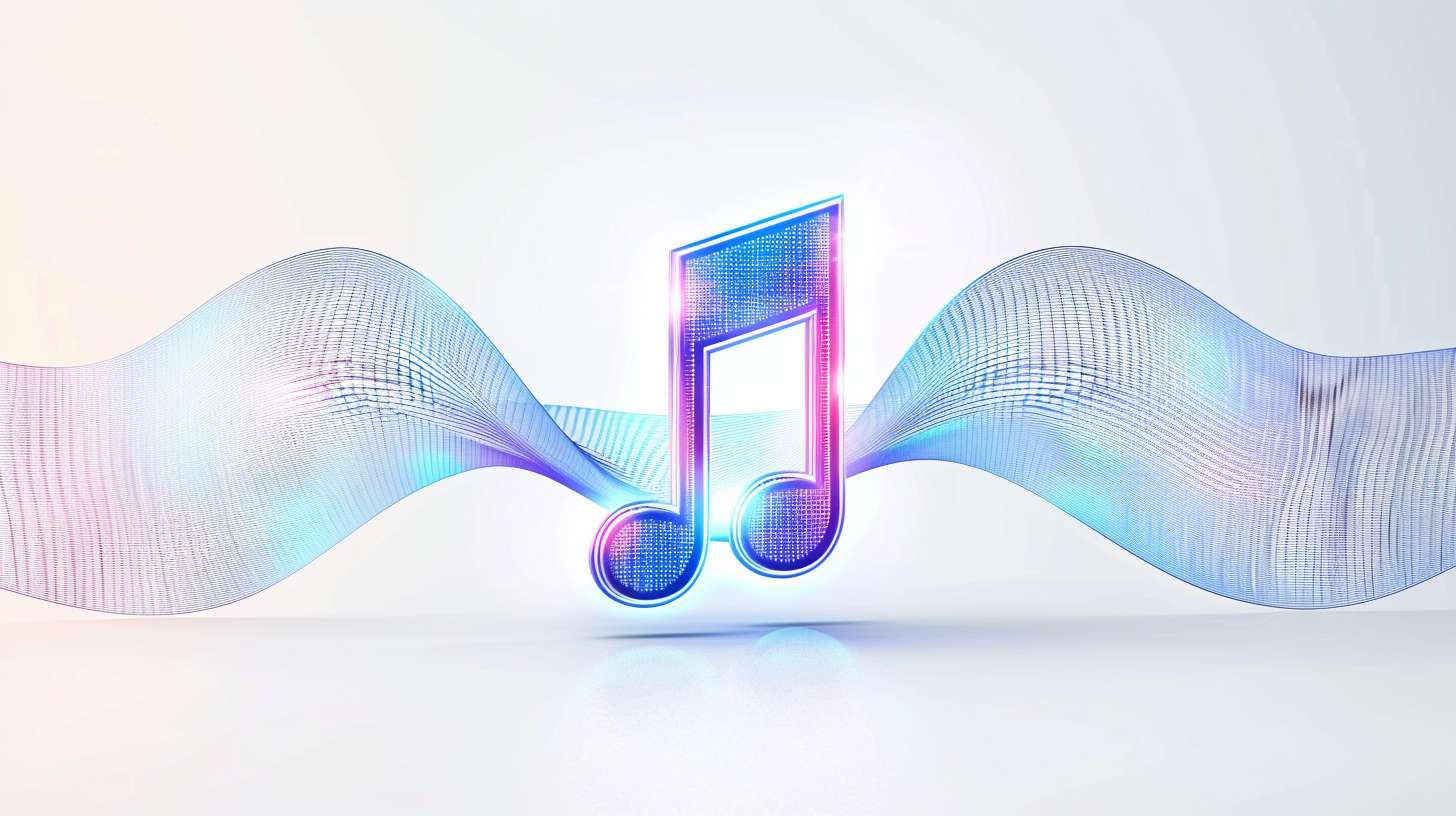 inimalist music player interface, 
a glowing musical note icon (♪) at center, 
surrounded by thin blue sound waves radiating outward, 
clean white background with soft shadow, 
flat design style, 
no physical device, 
high resolution 4K --ar 16:9 --v 6 --style raw --stylize 100 --fast
