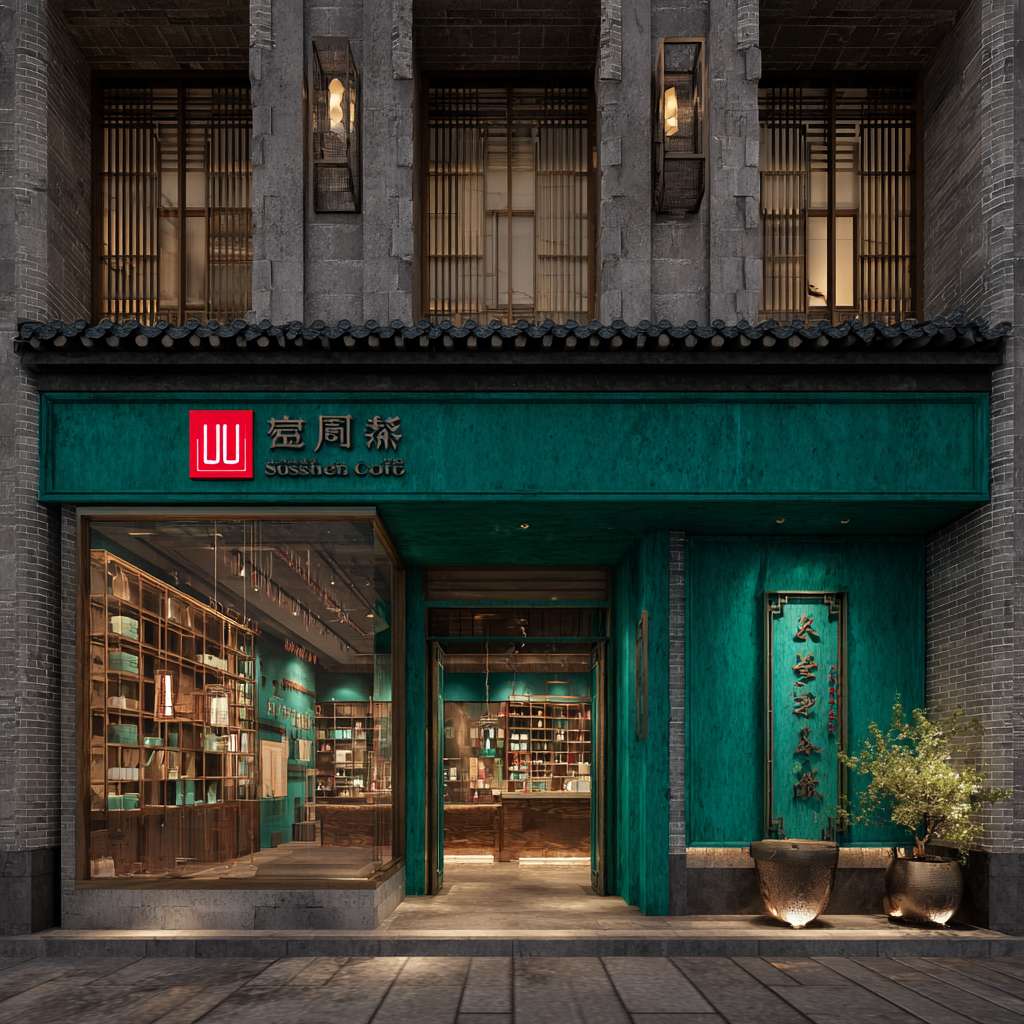 二、店铺外观设计（门头与门脸）
设计要点
外观设计采用​​新中式混搭风格​​，以中国邮政经典"邮政绿"为主色调，搭配鼓楼地区的青砖灰瓦元素，形成既传统又时尚的视觉冲击力
。

​​关键设计元素​​：

​​主门头​​：采用深绿色木质框架与铜质门匾结合，悬挂"鼓楼邮驿"复古牌匾

​​入口设计​​：仿照传统邮局门廊形式，设置一个1:1比例的复古邮筒作为入口标志物

​​橱窗展示​​：大面积玻璃橱窗内设计二十四节气动态灯光装置，呼应地安门邮局的成功经验

​​灯光设计​​：门檐下安装暖黄色灯笼式壁灯，地面嵌入引导性灯带，增强夜间打卡效果 --ar 1:1 --v 7 --stylize 100 --fast --no 水印