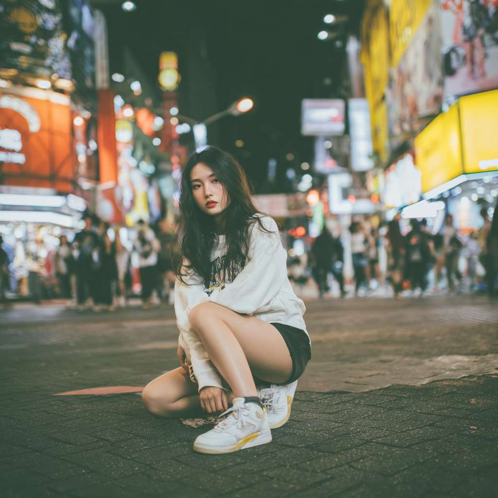 帮我生成玛丽珍女鞋的商业图片 场景在喧闹的都市 人流量大 聚焦点在模特和鞋子上 专业相机拍摄 冷调 --ar 1:1 --v 7 --stylize 100 --fast --no 水印